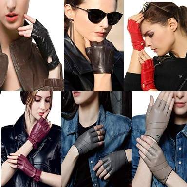 Womens Biker Fingerless Leather Gloves