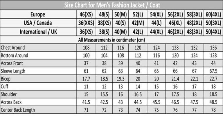 Couture Jacket Size Chart